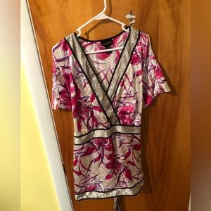 “Silky” cross vee neck patterned top